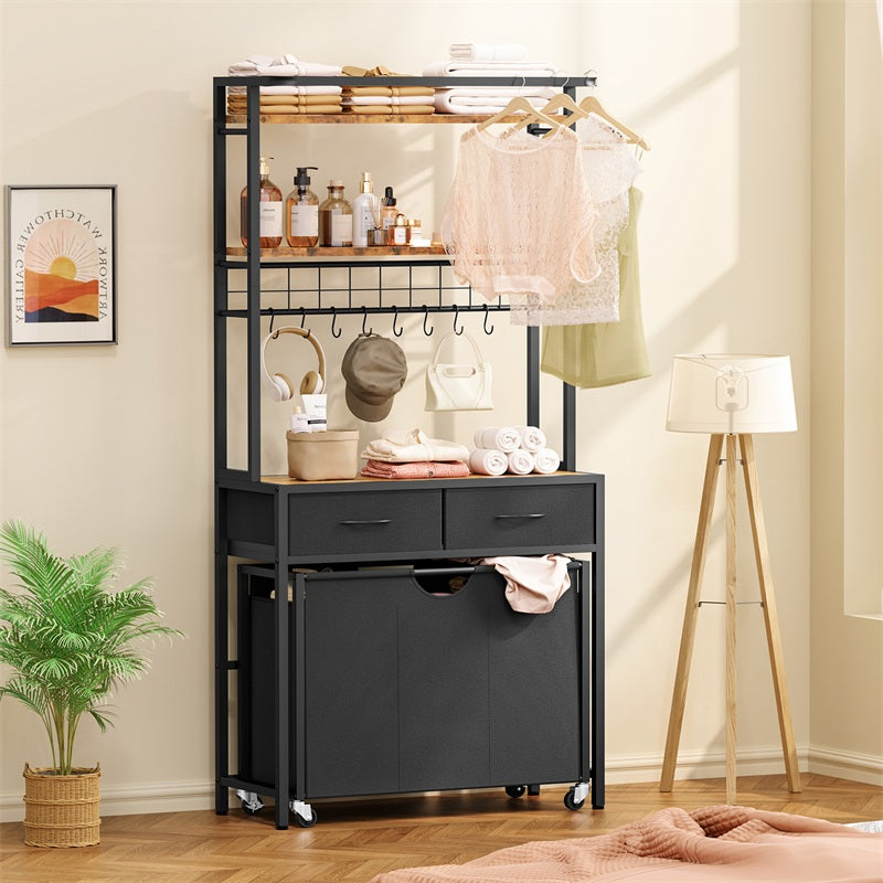Laundry Sorter, Rolling Laundry Hamper with 3 Section Pull-Out Bags, Laundry Basket Organizer with 2 Drawers, Laundry Hamper with Shelves and 8 Hooks for Laundry Room, Bathroom, Bedroom