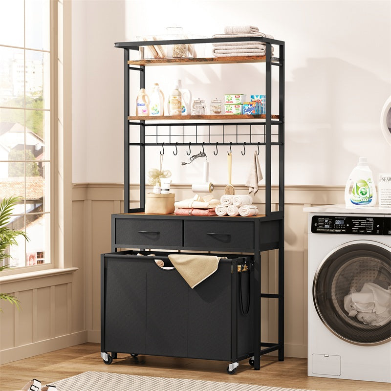 Laundry Sorter, Rolling Laundry Hamper with 3 Section Pull-Out Bags, Laundry Basket Organizer with 2 Drawers, Laundry Hamper with Shelves and 8 Hooks for Laundry Room, Bathroom, Bedroom