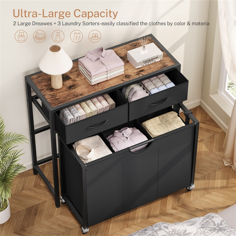 Laundry Sorter, Rolling Laundry Hamper with 3 Section Pull-Out Bags, Laundry Basket Organizer with 2 Drawers, Laundry Hamper with Wheels for Laundry Room Organization, Bathroom, Bedroom