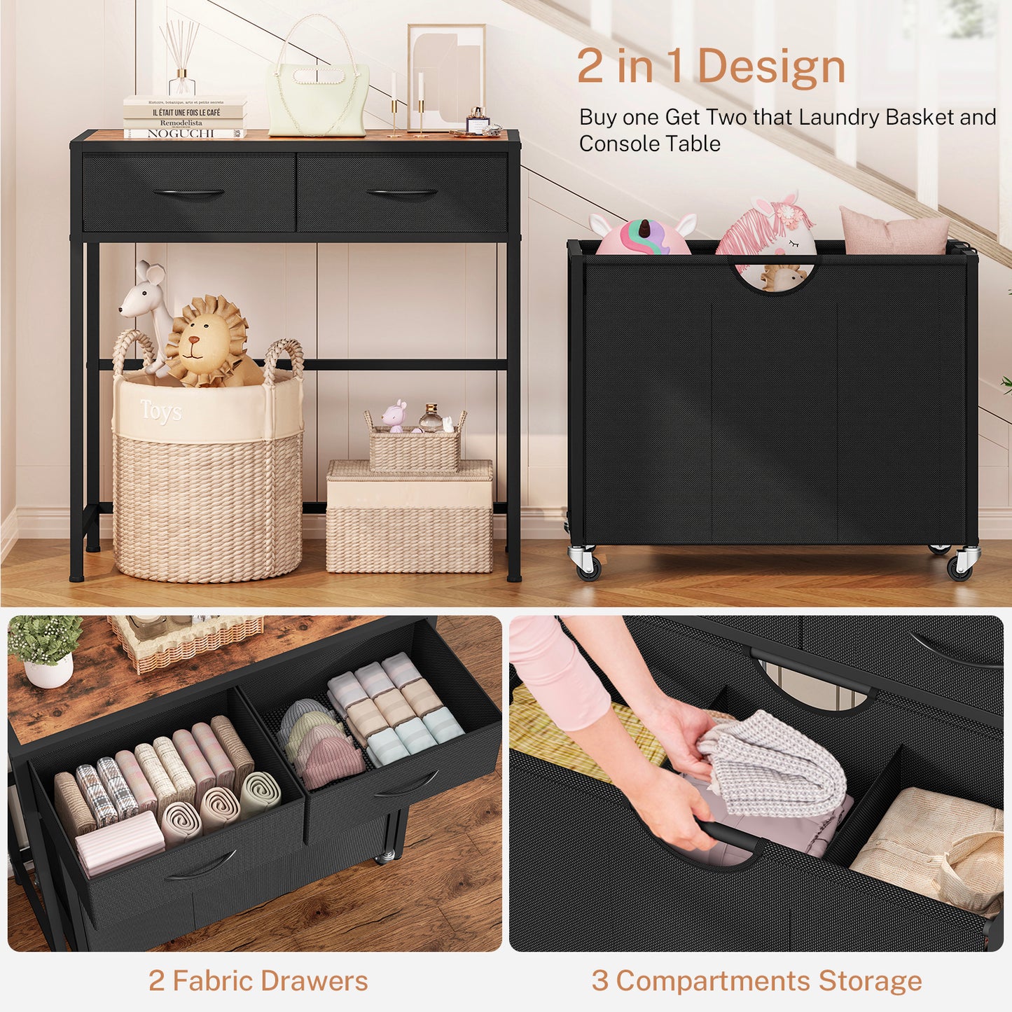 TEENFON Laundry Sorter 3 Section with Tabletop & 2 Drawers, Rolling Laundry Hamper with Pull-Out and Removable Bags, Laundry Basket Organizer with Wheels and Shelf, Metal Frame Rustic Brown for Laundry Room