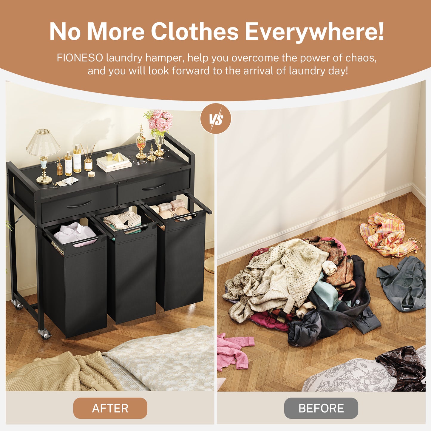 TEENFON Laundry Sorter 3 Section, 120 L Laundry Hamper with 2 Drawers & 2-tone Top Panel, Rolling Laundry Basket Organizer with Pull-Out Removable Oxford Fabric Bags for Laundry Room Organization