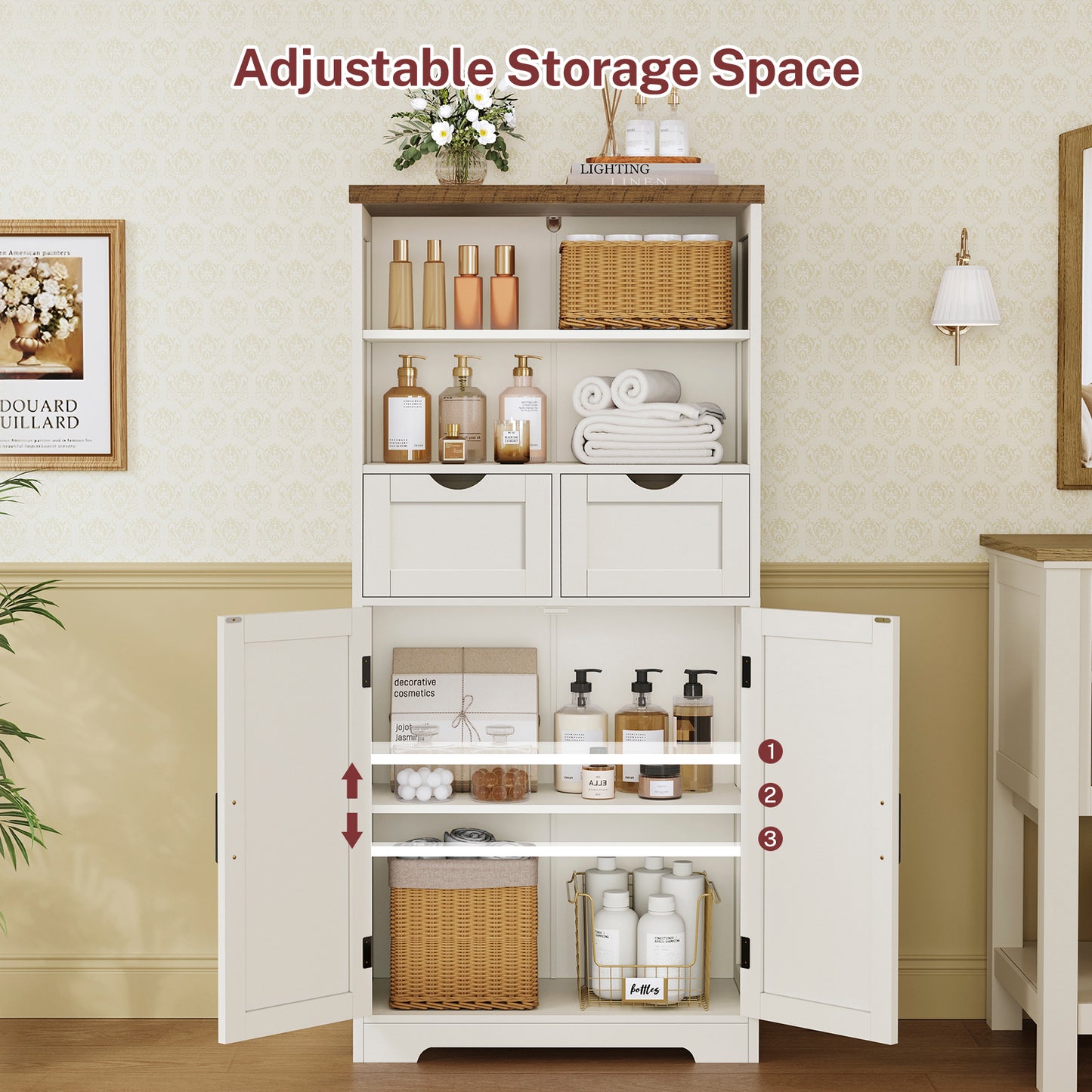 TEENFON 49.6''H Tall Storage Cabinet with Adjustable Shelf & 2 Drawers, Cupboard, Bathroom Floor Farmhouse Cabinet for Living Room, Entryway, Home Office, White