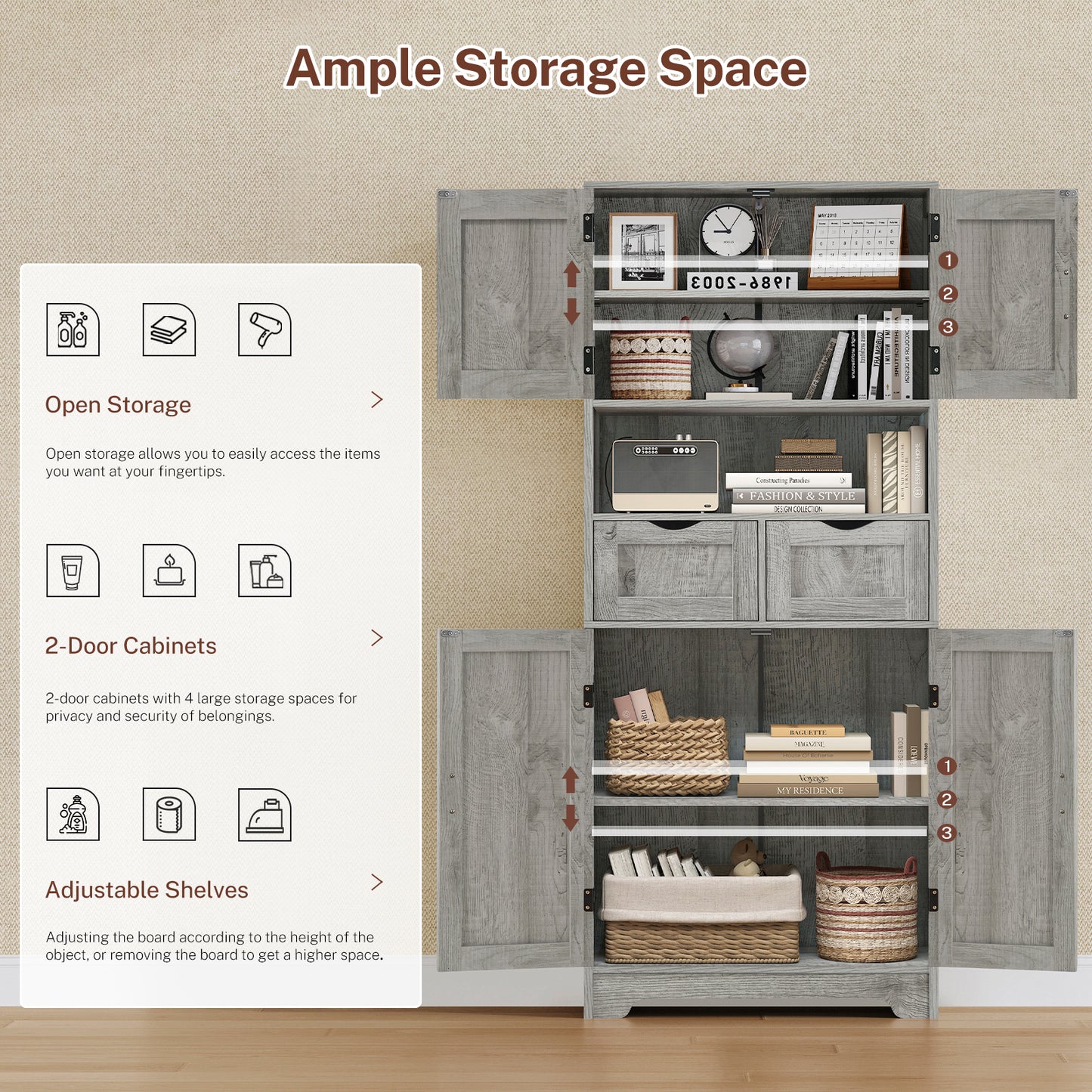 TEENFON 57.8" H Tall Storage Cabinet with 2 Drawers & 2 Adjustable Shelves, Bathroom Storage Cabinet with 4 Doors, Floor Cupboard, for Living Room, Dining Room, Entryway, Woodgrain Gray