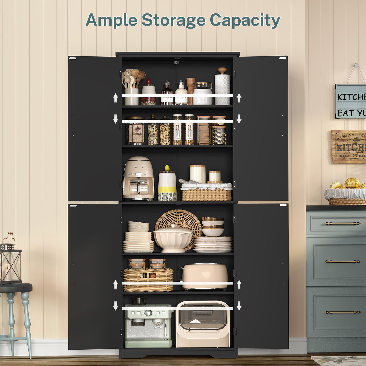 TEENFON 67" Kitchen Pantry Cabinet with 4 Doors, Farmhouse Pantry Cabinet with Adjustable Shelves, Storage Cabinet for Kitchen, Bathroom, Living Room, Black