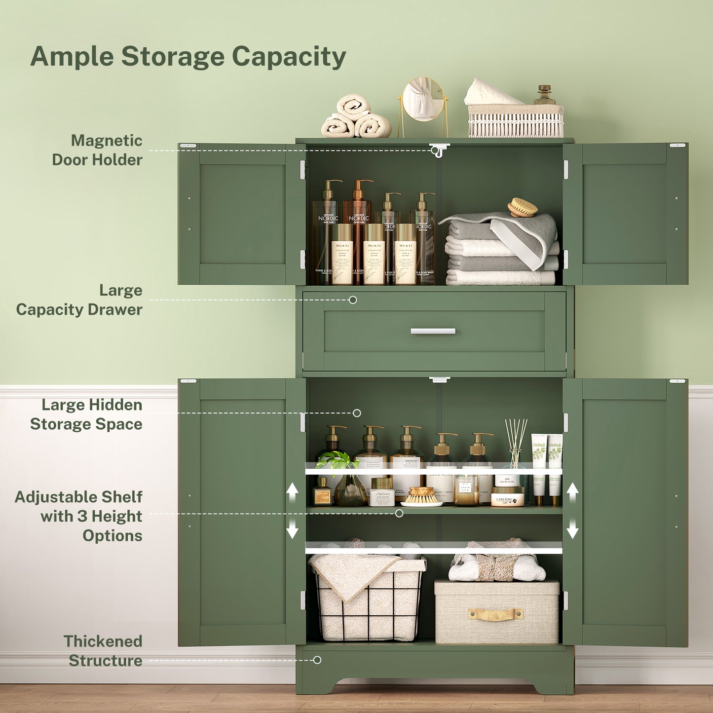 TEENFON Bathroom Floor Storage Cabinet with Adjustable Shelf, Freestanding Storage Cabinet with 4 Doors, Cupboard for Living Room, Home Office, Entryway, Forest Green