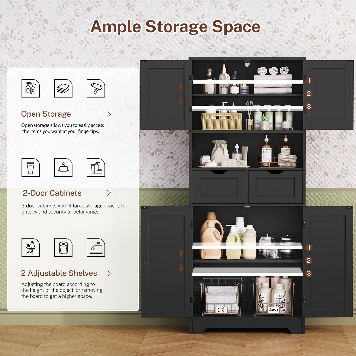 57.8" H Tall Storage Cabinet with 2 Drawers & 2 Adjustable Shelves, Floor Cabinet with 4 Doors, Tall Cabinet for Living Room, Dining Room, Entryway, Black