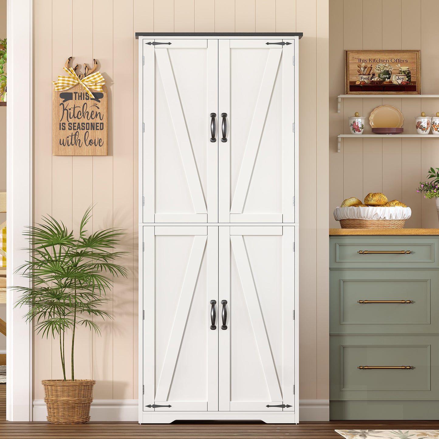 TEENFON 67" Kitchen Pantry Cabinet with 4 Doors, Farmhouse Pantry Cabinet with Adjustable Shelves, Storage Cabinet for Kitchen, Bathroom, Living Room, White