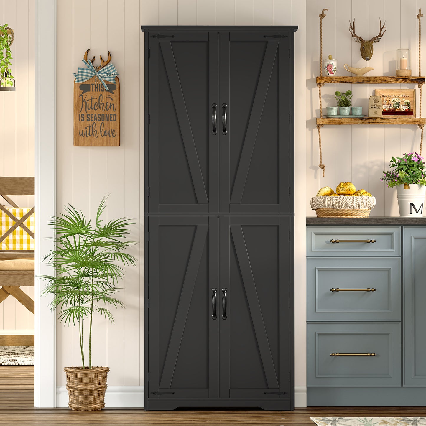 TEENFON 67" Kitchen Pantry Cabinet with 4 Doors, Farmhouse Pantry Cabinet with Adjustable Shelves, Storage Cabinet for Kitchen, Bathroom, Living Room, Black