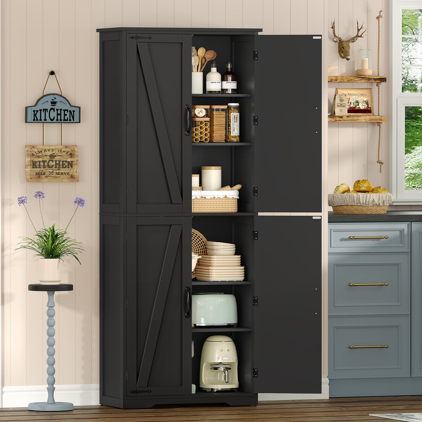 TEENFON 67" Kitchen Pantry Cabinet with 4 Doors, Farmhouse Pantry Cabinet with Adjustable Shelves, Storage Cabinet for Kitchen, Bathroom, Living Room, Black