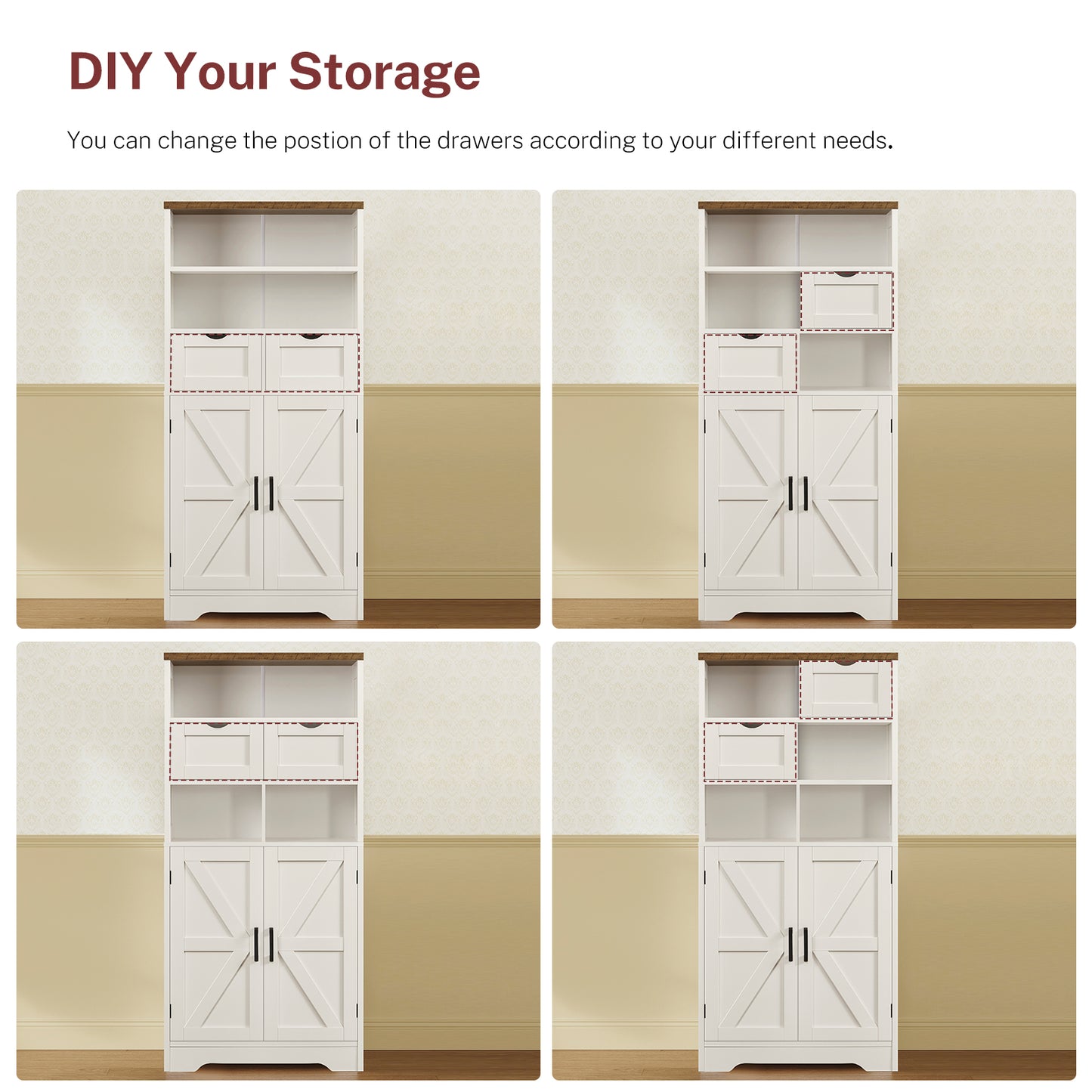 TEENFON 49.6''H Tall Storage Cabinet with Adjustable Shelf & 2 Drawers, Cupboard, Bathroom Floor Farmhouse Cabinet for Living Room, Entryway, Home Office, White