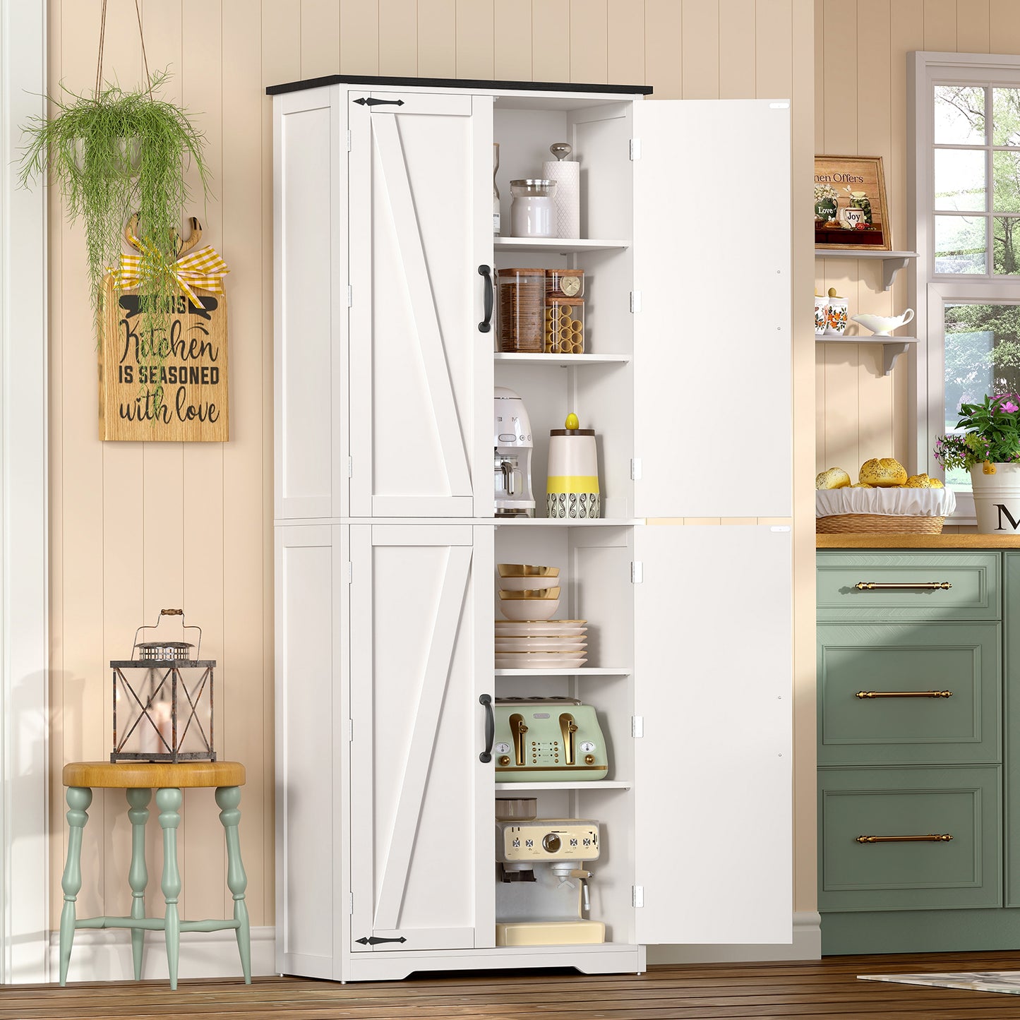 TEENFON 67" Kitchen Pantry Cabinet with 4 Doors, Farmhouse Pantry Cabinet with Adjustable Shelves, Storage Cabinet for Kitchen, Bathroom, Living Room, White