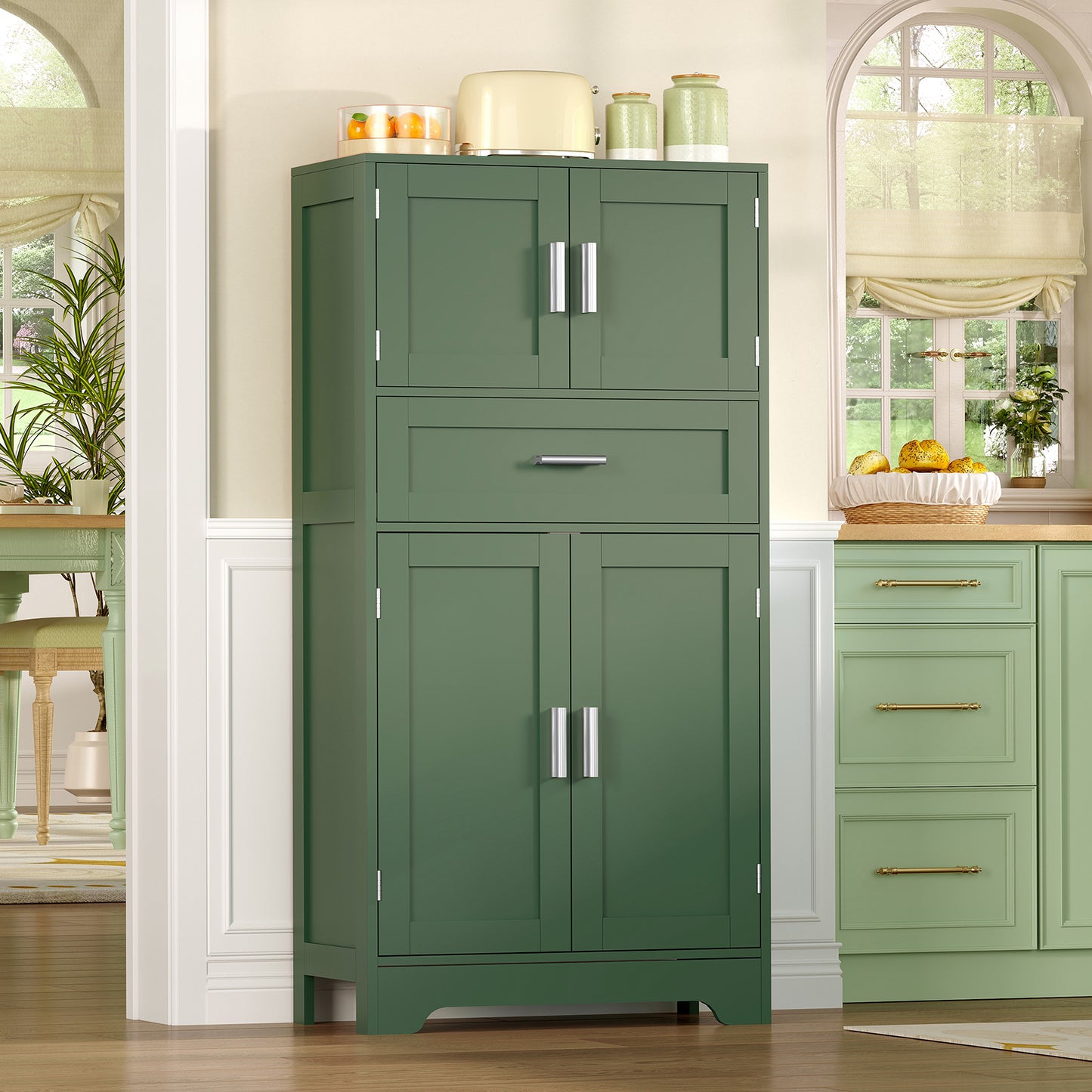 TEENFON Bathroom Floor Storage Cabinet with Adjustable Shelf, Freestanding Storage Cabinet with 4 Doors, Cupboard for Living Room, Home Office, Entryway, Forest Green