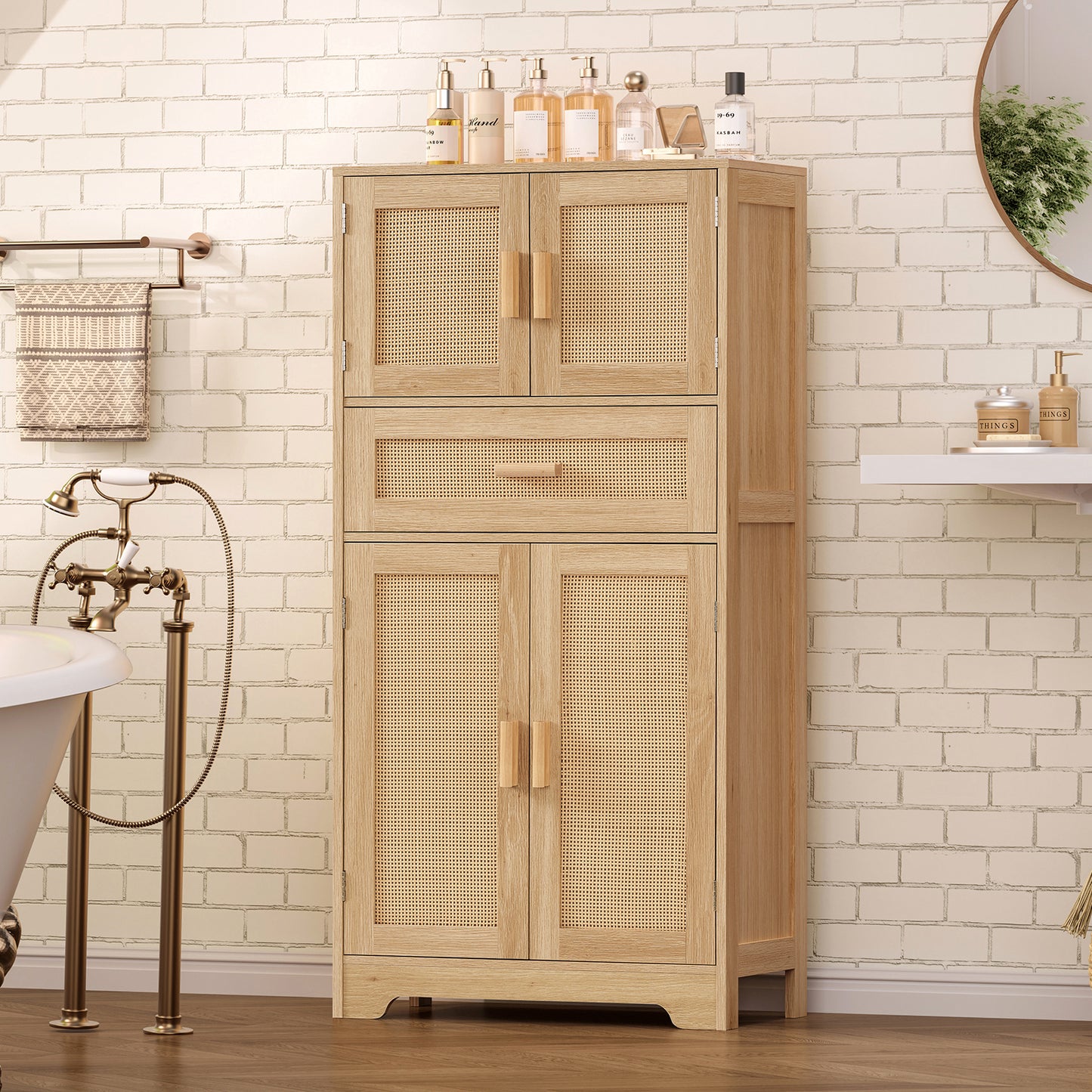 TEENFON 47.2" H Tall Storage Cabinet with Adjustable Shelf, Rattan Cabinet with Large Drawer, Cupboard for Living Room, Dining Room, Entryway, Home Office, Natural