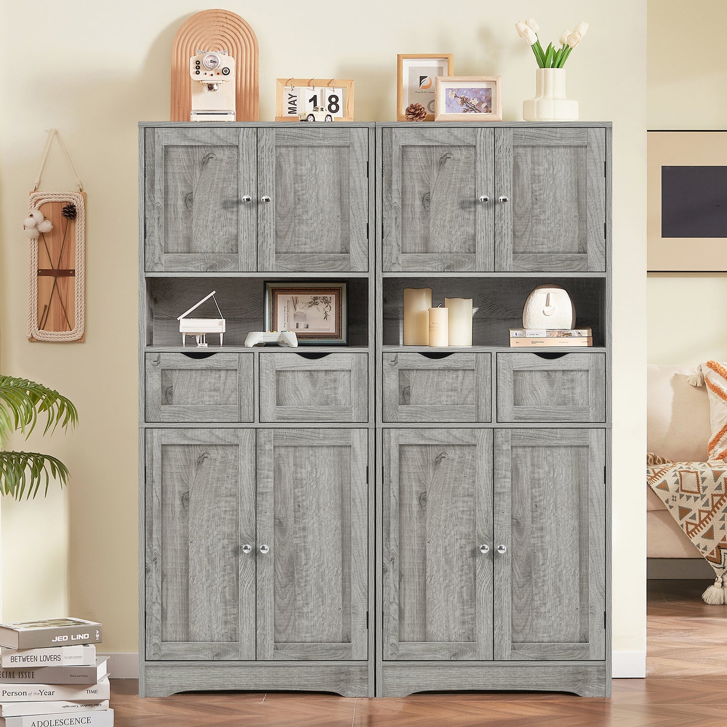 57.8" H Tall Storage Cabinet with 2 Drawers & 2 Adjustable Shelves, Floor Cabinet with 4 Doors, Tall Cabinet for Living Room, Dining Room, Entryway, Black
