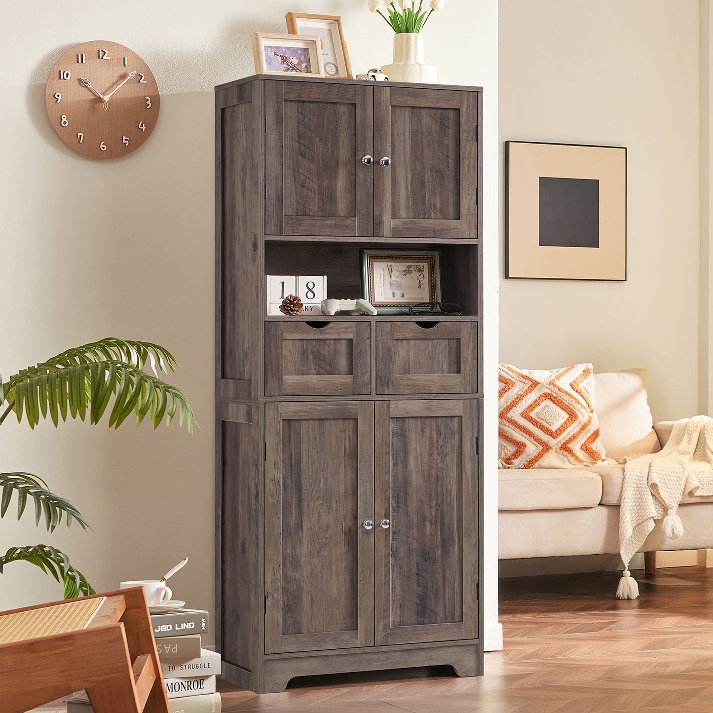 57.8" H Tall Storage Cabinet with 2 Drawers & 2 Adjustable Shelves, Floor Cabinet with 4 Doors, Tall Cabinet for Living Room, Dining Room, Entryway, Black