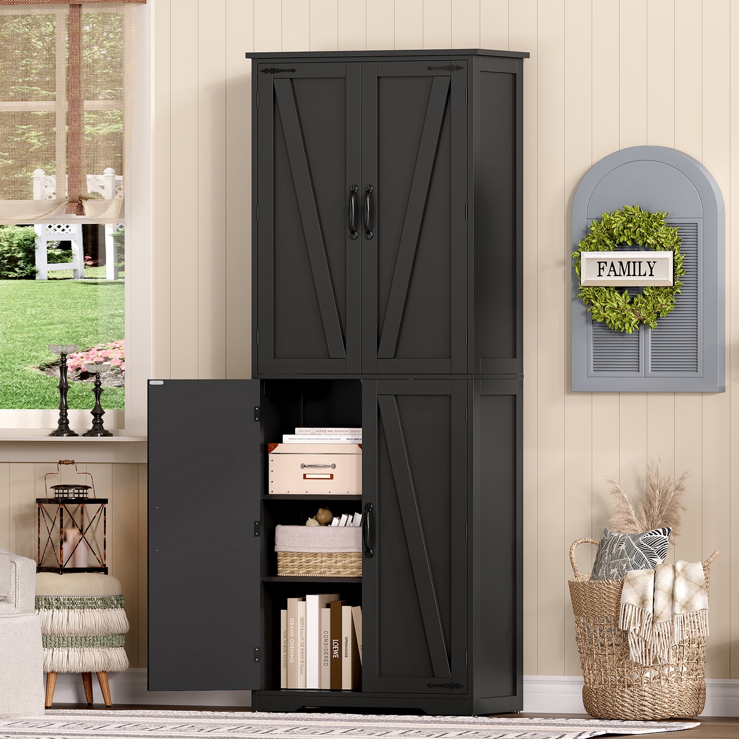 TEENFON 67" Kitchen Pantry Cabinet with 4 Doors, Farmhouse Pantry Cabinet with Adjustable Shelves, Storage Cabinet for Kitchen, Bathroom, Living Room, Black