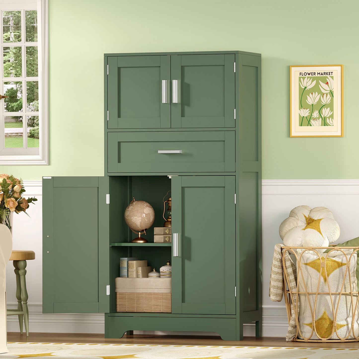 TEENFON Bathroom Floor Storage Cabinet with Adjustable Shelf, Freestanding Storage Cabinet with 4 Doors, Cupboard for Living Room, Home Office, Entryway, Forest Green