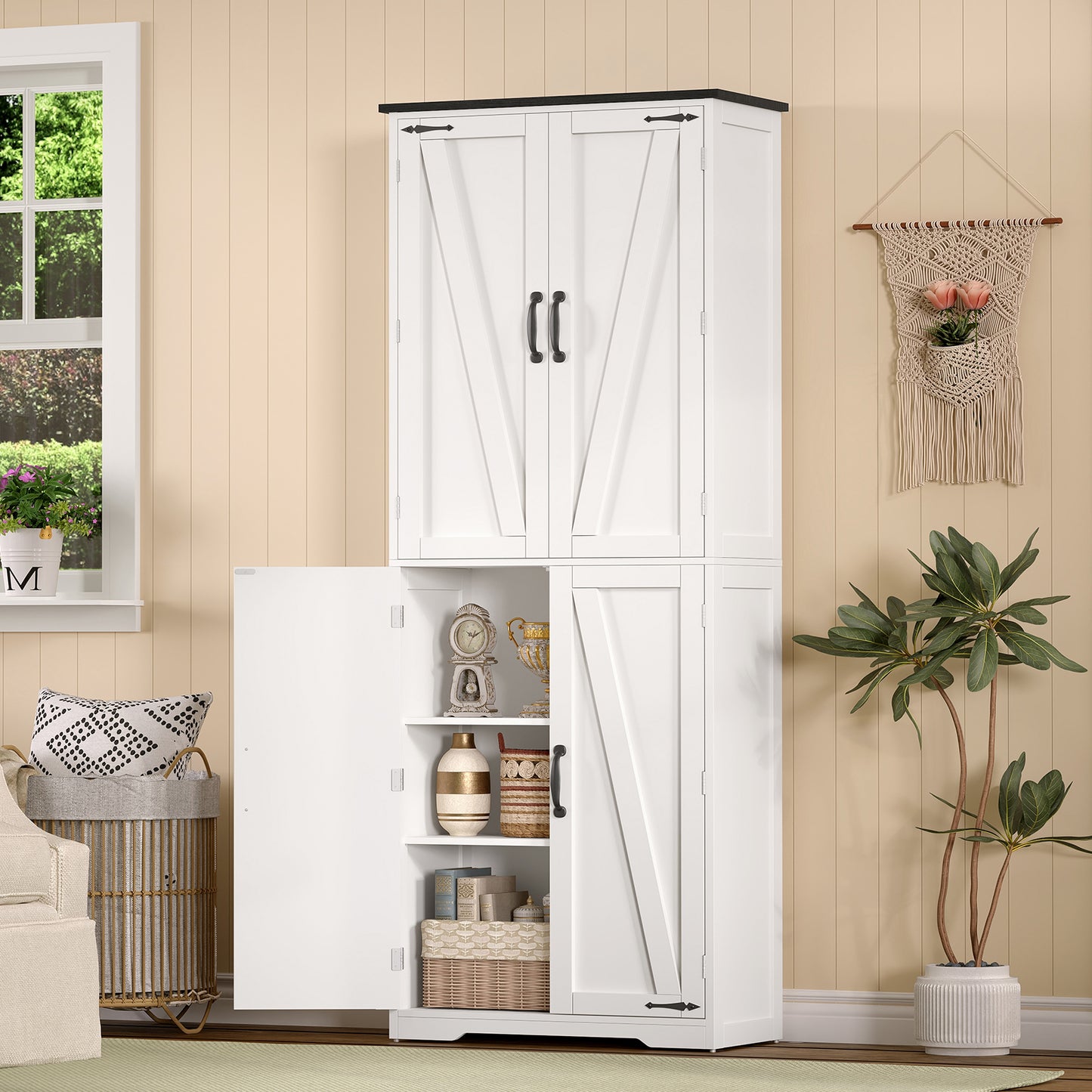 TEENFON 67" Kitchen Pantry Cabinet with 4 Doors, Farmhouse Pantry Cabinet with Adjustable Shelves, Storage Cabinet for Kitchen, Bathroom, Living Room, White