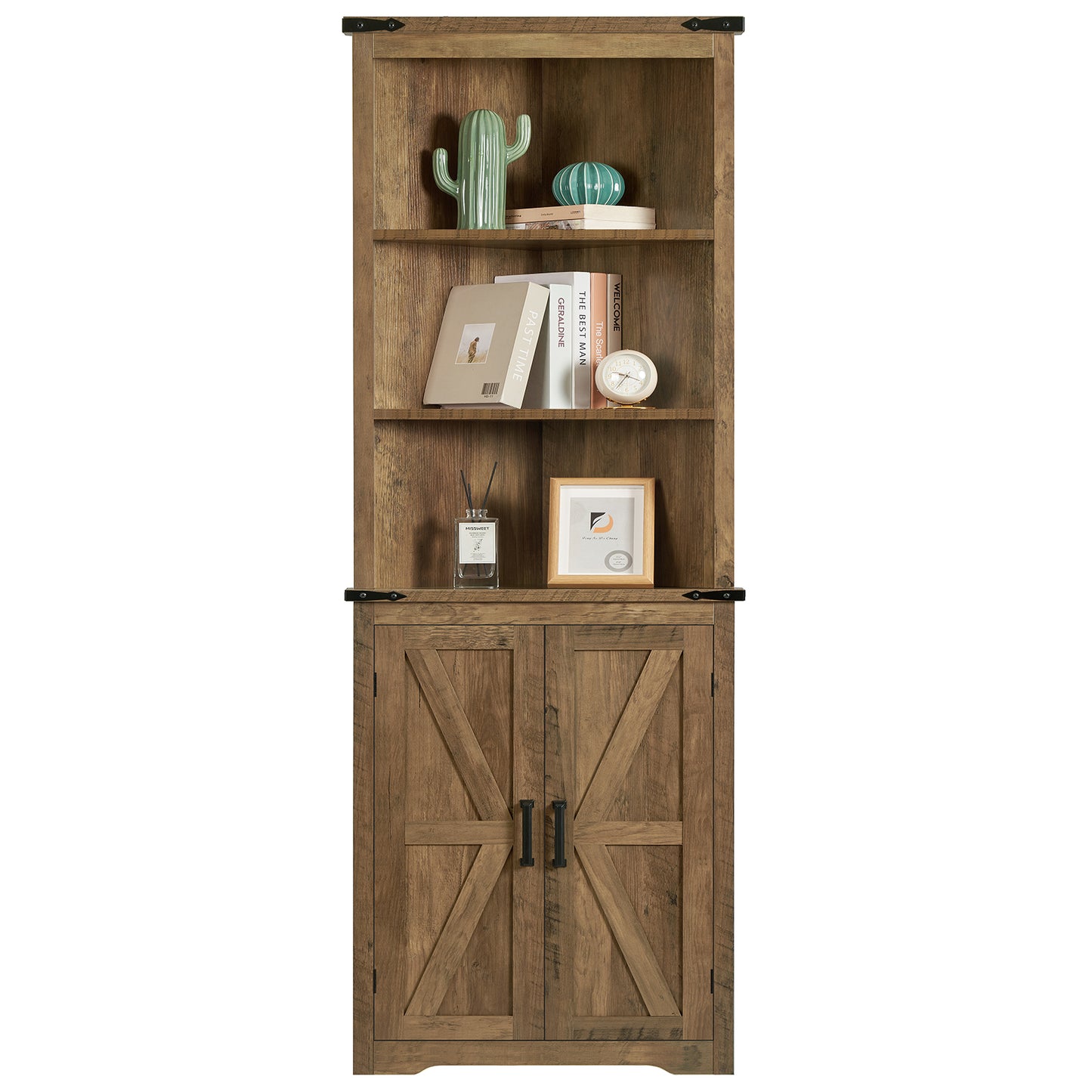TEENONF Farmhouse Corner Cabinet, 70" H Tall Corner Hutch with 5 Shelves & 2 Barn Doors, Bathroom Cabinet with Adjustable Shelf, for Living Room, Kitchen, Bathroom, White