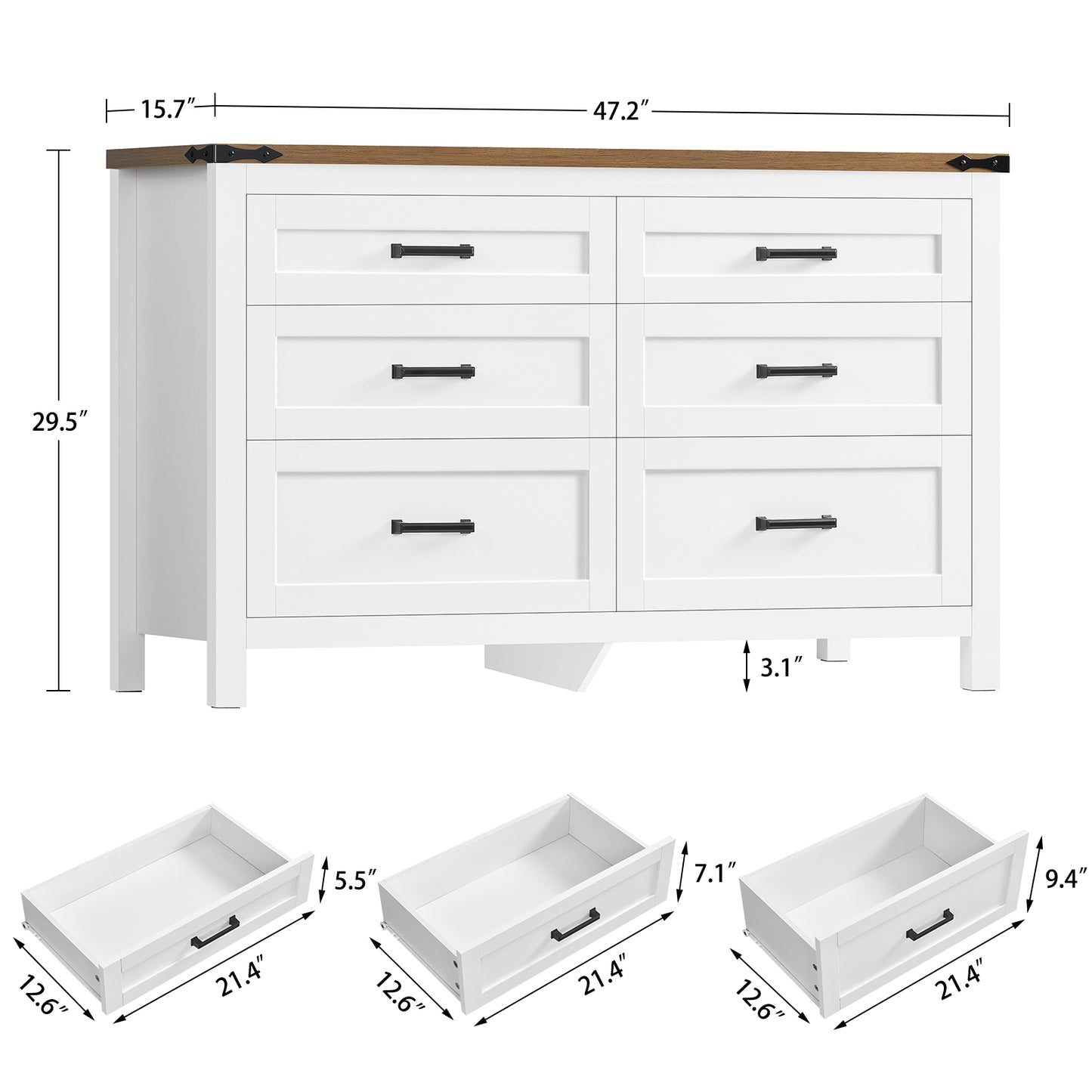 TEENFON White 6 Drawer Dresser for Bedroom, 47.2'' Farmhosue Dresser with Metal Handles, Wood Chest of Drawers, Bedroom Dressers for Living Room, Entryway, White