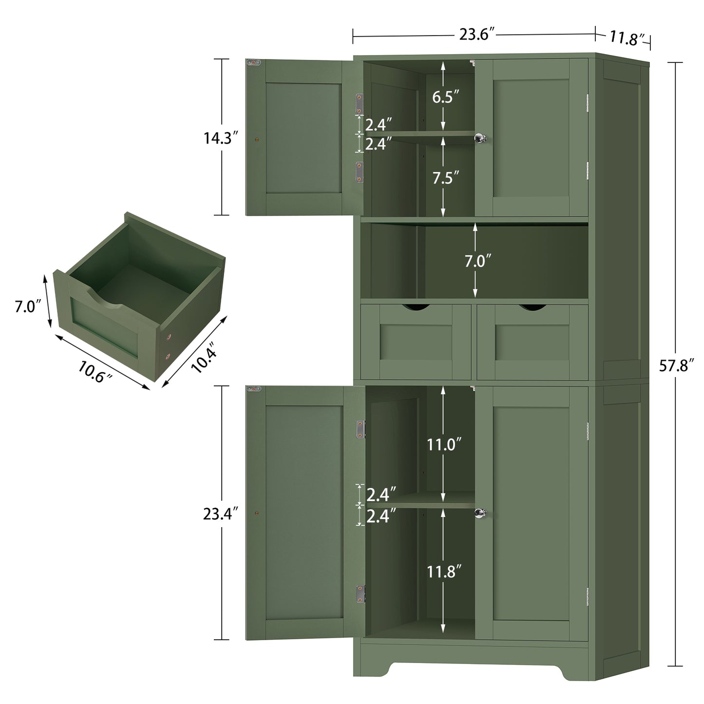 TEENFON 57.8" H Tall Storage Cabinet with 2 Drawers & 2 Adjustable Shelves, Bathroom Storage Cabinet with 4 Doors, Floor Cupboard, for Living Room, Dining Room, Entryway, Woodgrain Gray