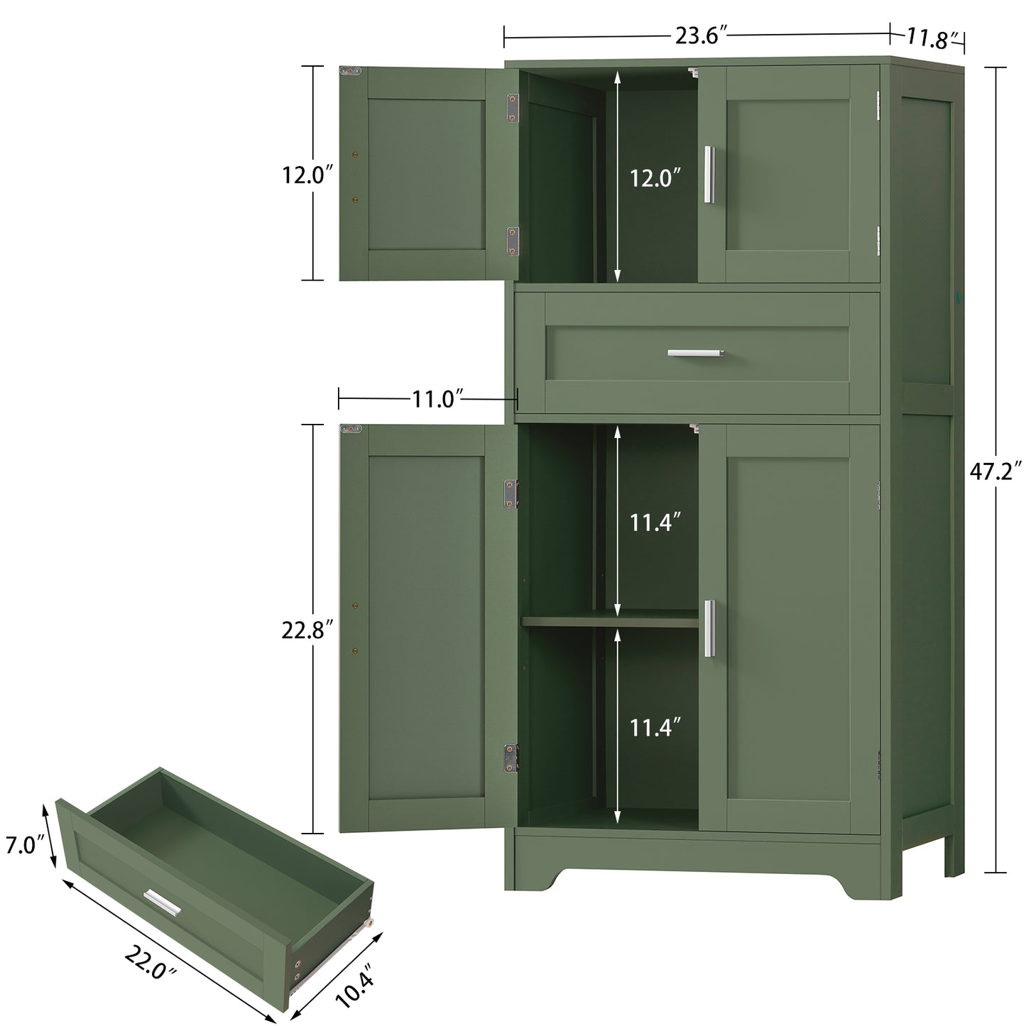 TEENFON Bathroom Floor Storage Cabinet with Adjustable Shelf, Freestanding Storage Cabinet with 4 Doors, Cupboard for Living Room, Home Office, Entryway, Forest Green