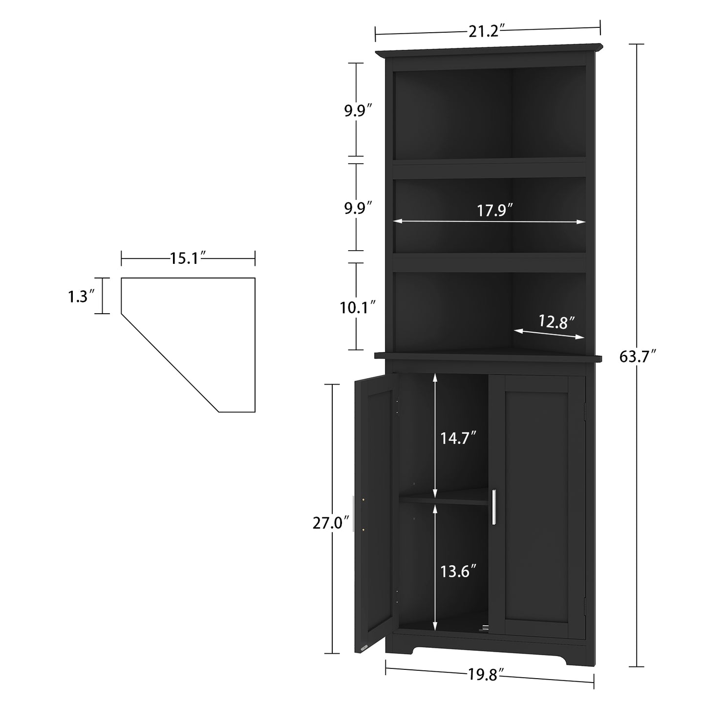 63.7 "H Tall Corner Cabinet with LED Lights, Gothic Style Corner Shelves with Doors, 5-Tier Bathroom Cabinet, Living Room, Dining Room, Black