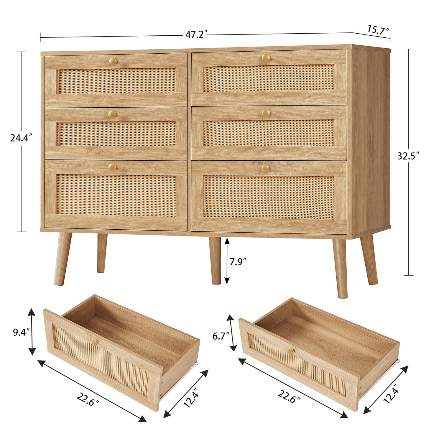 TEENFON 47.2''Wide 6 Drawer Rattan Dresser, Boho Dresser for Bedroom, Chest of Drawers, Closet Organizer, Natural Wood Dresser Chest for Bedroom, Living Room, Entryway, Natural