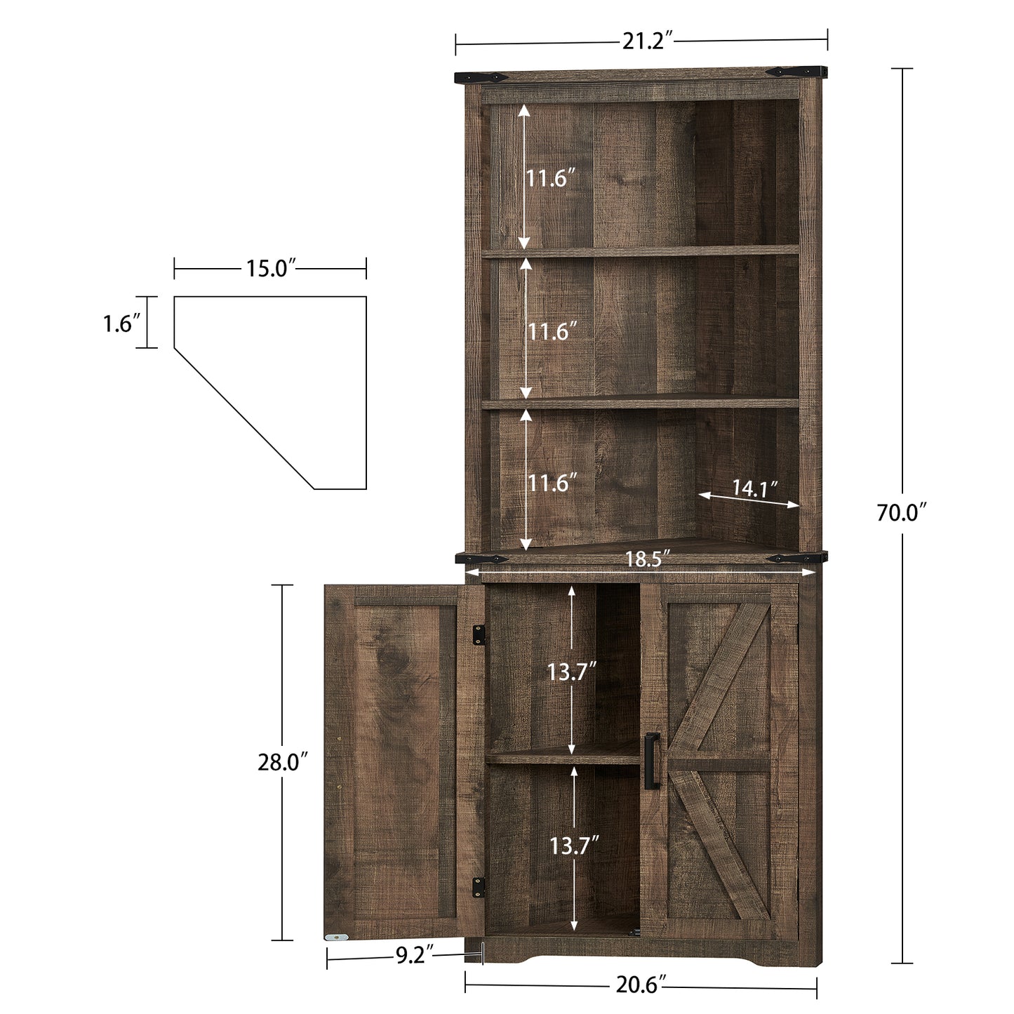 TEENONF Farmhouse Corner Cabinet, 70" H Tall Corner Hutch with 5 Shelves & 2 Barn Doors, Bathroom Cabinet with Adjustable Shelf, for Living Room, Kitchen, Bathroom, White