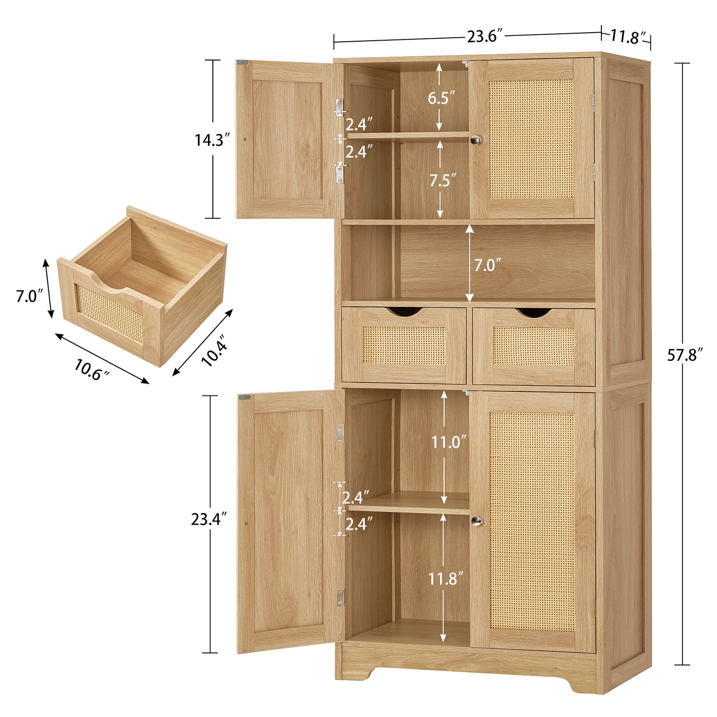 57.8" H Tall Storage Cabinet with 2 Drawers & 2 Adjustable Shelves, Floor Cabinet with 4 Doors, Tall Cabinet for Living Room, Dining Room, Entryway, Black