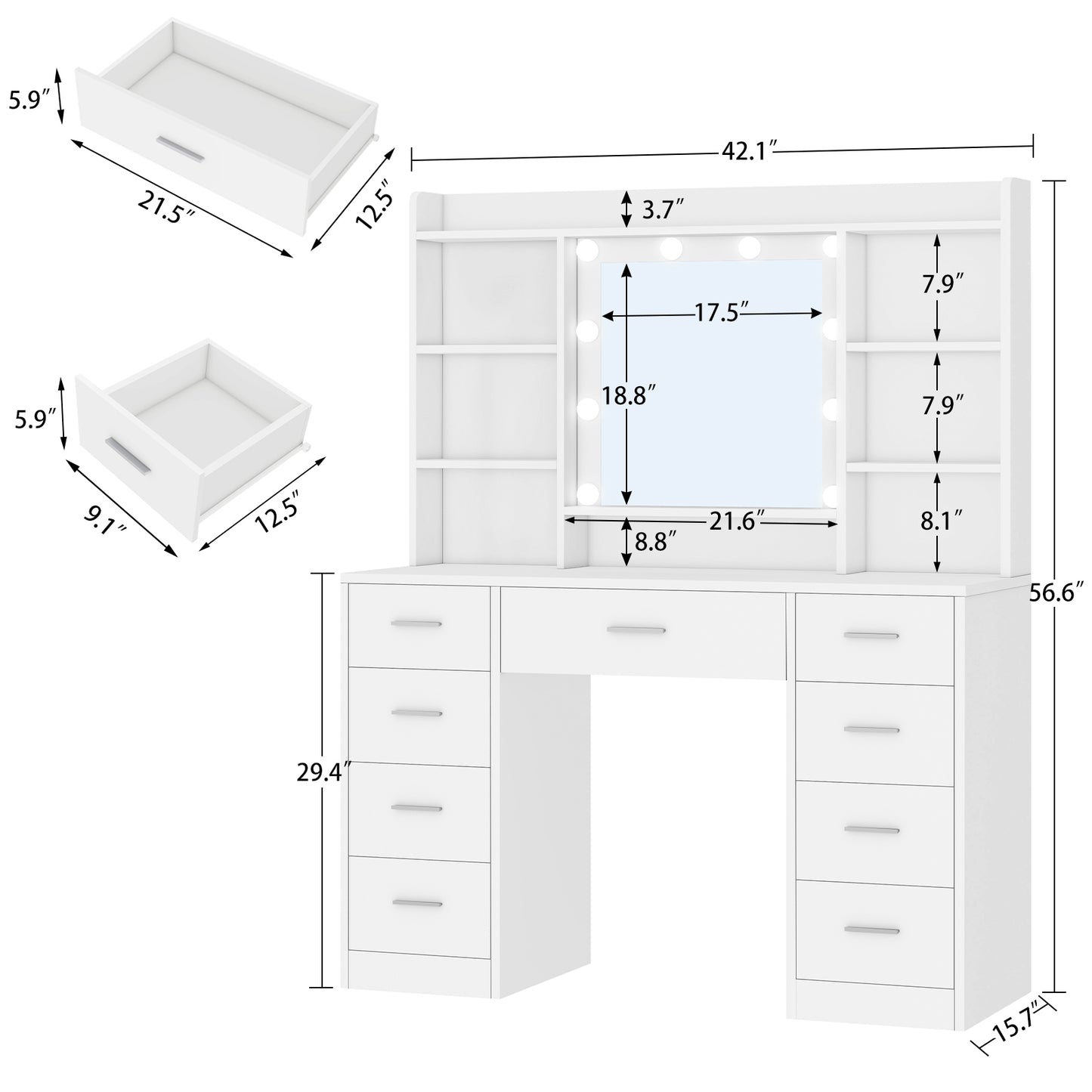 TEENFON Dressing Table with 3-Color LED Lights Mirror, Adjustable Brightness, Vanity Table Makeup Desk with 9 Drawers and 7 Storage Shelves, Modern Vanity Desk for Bedroom Dressing Room, White
