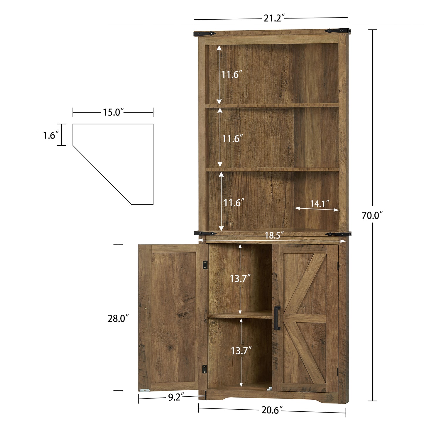 TEENONF Farmhouse Corner Cabinet, 70" H Tall Corner Hutch with 5 Shelves & 2 Barn Doors, Bathroom Cabinet with Adjustable Shelf, for Living Room, Kitchen, Bathroom, White