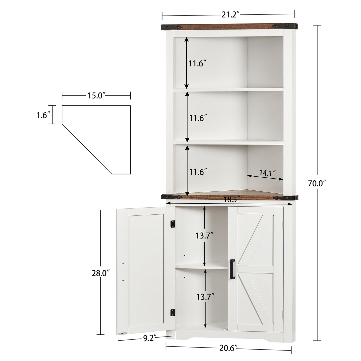 TEENONF Farmhouse Corner Cabinet, 70" H Tall Corner Hutch with 5 Shelves & 2 Barn Doors, Bathroom Cabinet with Adjustable Shelf, for Living Room, Kitchen, Bathroom, White
