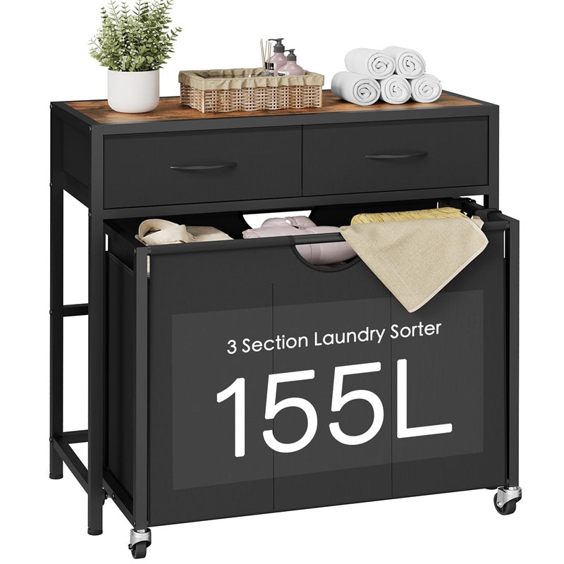 Laundry Sorter, Rolling Laundry Hamper with 3 Section Pull-Out Bags, Laundry Basket Organizer with 2 Drawers, Laundry Hamper with Wheels for Laundry Room Organization, Bathroom, Bedroom