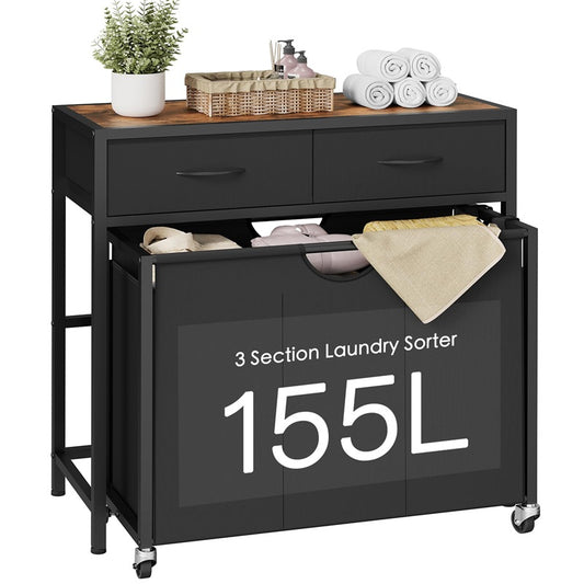 Laundry Sorter, Rolling Laundry Hamper with 3 Section Pull-Out Bags, Laundry Basket Organizer with 2 Drawers, Laundry Hamper with Wheels for Laundry Room Organization, Bathroom, Bedroom