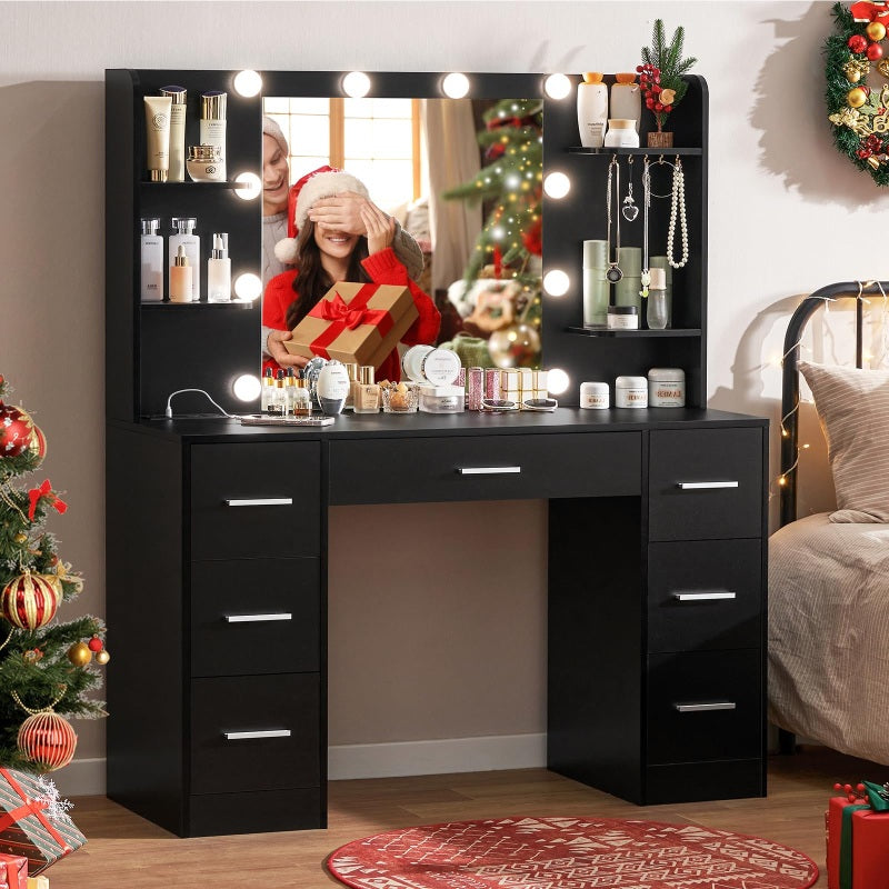 Vanity Desk with Mirror & Lights, Makeup Vanity with 6 Drawers, 6 Open Shelves and Power Outlet, 48” Storage Makeup Vanity Desk with Stool Bench for Women, Girls, Bedroom, Black