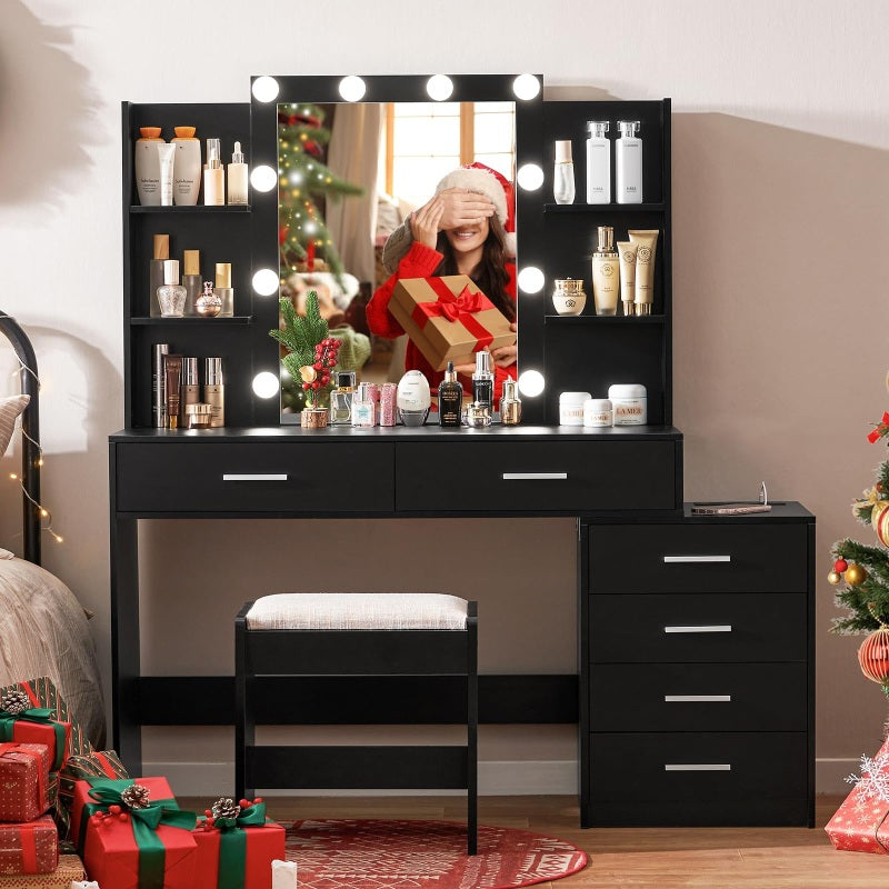 Vanity Desk with Mirror & Lights, Makeup Vanity with 6 Drawers, 6 Open Shelves and Power Outlet, 48” Storage Makeup Vanity Desk with Stool Bench for Women, Girls, Bedroom, Black