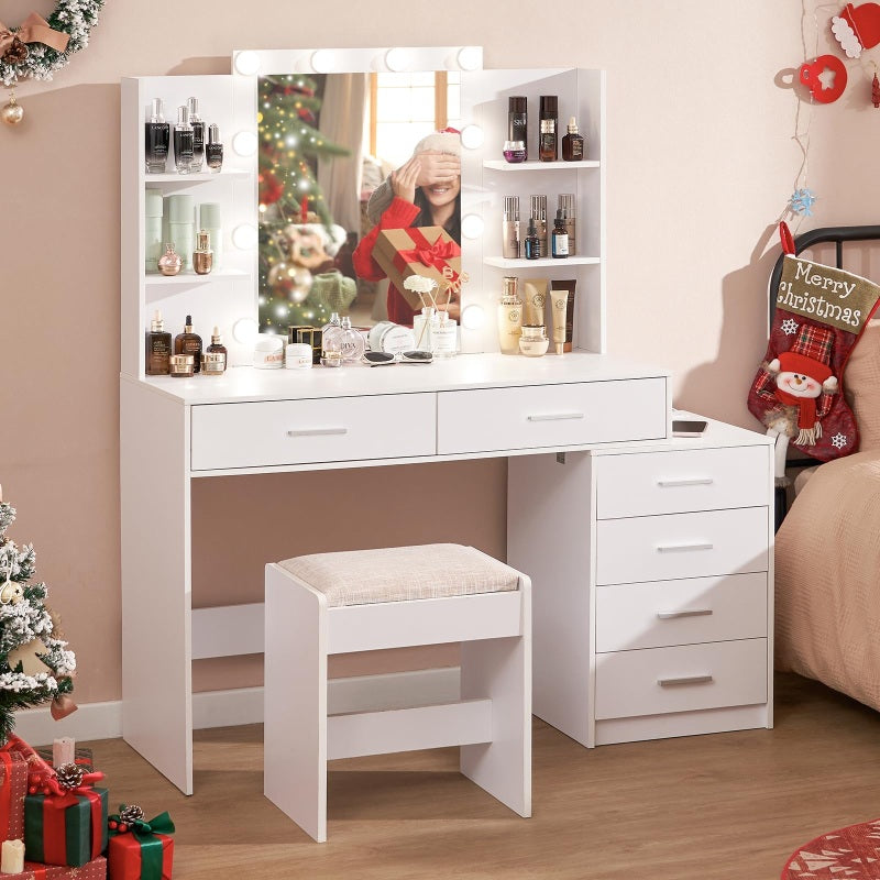 Vanity Desk with Mirror & Lights, Makeup Vanity with 6 Drawers, 6 Open Shelves and Power Outlet, 48” Storage Makeup Vanity Desk with Stool Bench for Women, Girls, Bedroom, White