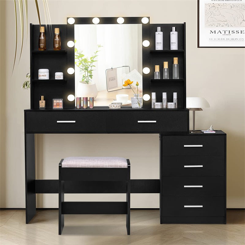 Vanity Desk with Mirror & Lights, Makeup Vanity with 6 Drawers, 6 Open Shelves and Power Outlet, 48” Storage Makeup Vanity Desk with Stool Bench for Women, Girls, Bedroom, Black
