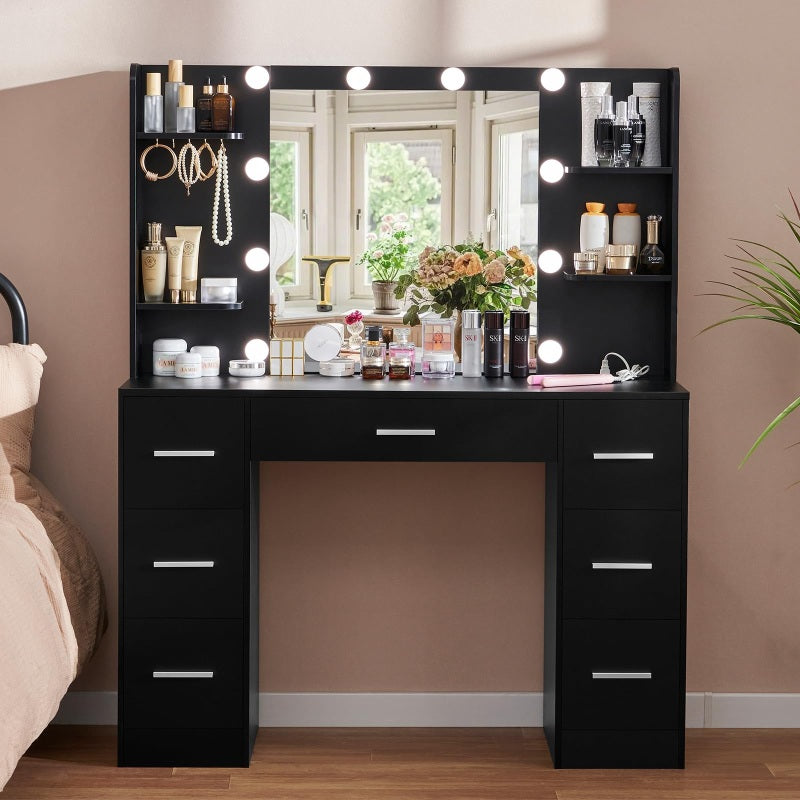 Large Makeup Vanity, 43.3" Vanity Desk with Mirror and Lights, Makeup Vanity Table with 7 Drawers, 4 Shelves, 5 Jewel Hooks & Power Strip, Vanity Desk Set for Bedroom, Black