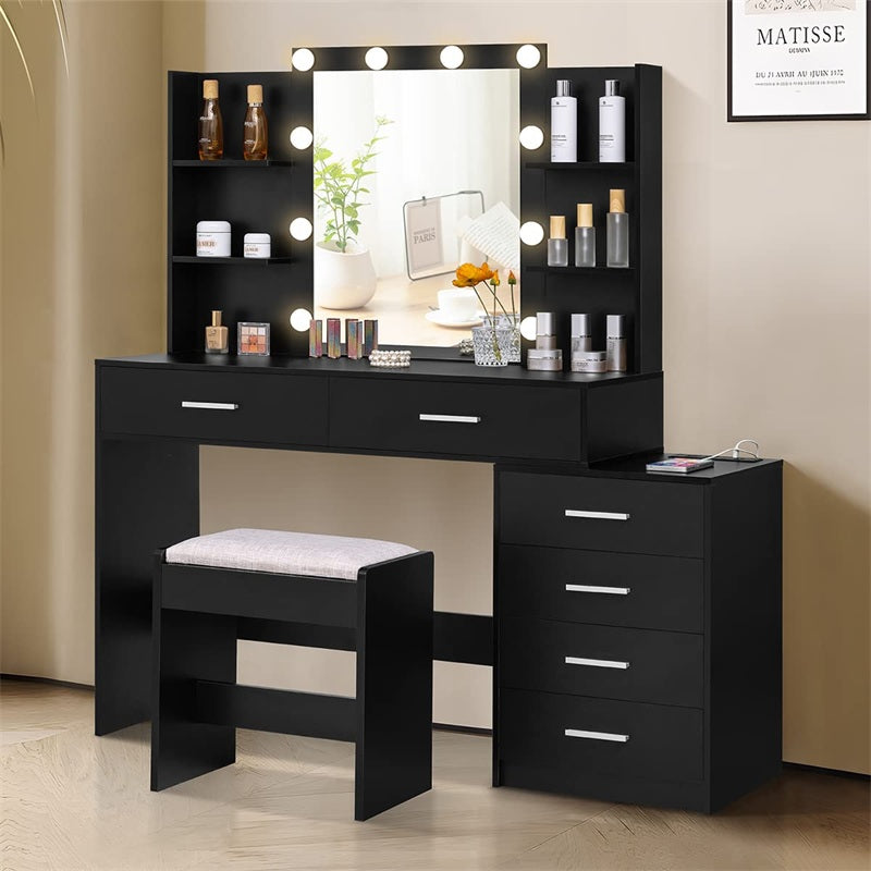 Vanity Desk with Mirror & Lights, Makeup Vanity with 6 Drawers, 6 Open Shelves and Power Outlet, 48” Storage Makeup Vanity Desk with Stool Bench for Women, Girls, Bedroom, Black