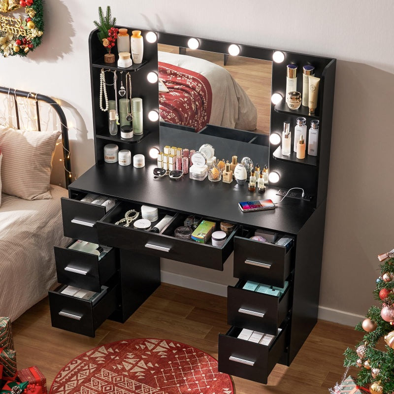 Vanity Desk with Mirror & Lights, Makeup Vanity with 6 Drawers, 6 Open Shelves and Power Outlet, 48” Storage Makeup Vanity Desk with Stool Bench for Women, Girls, Bedroom, Black