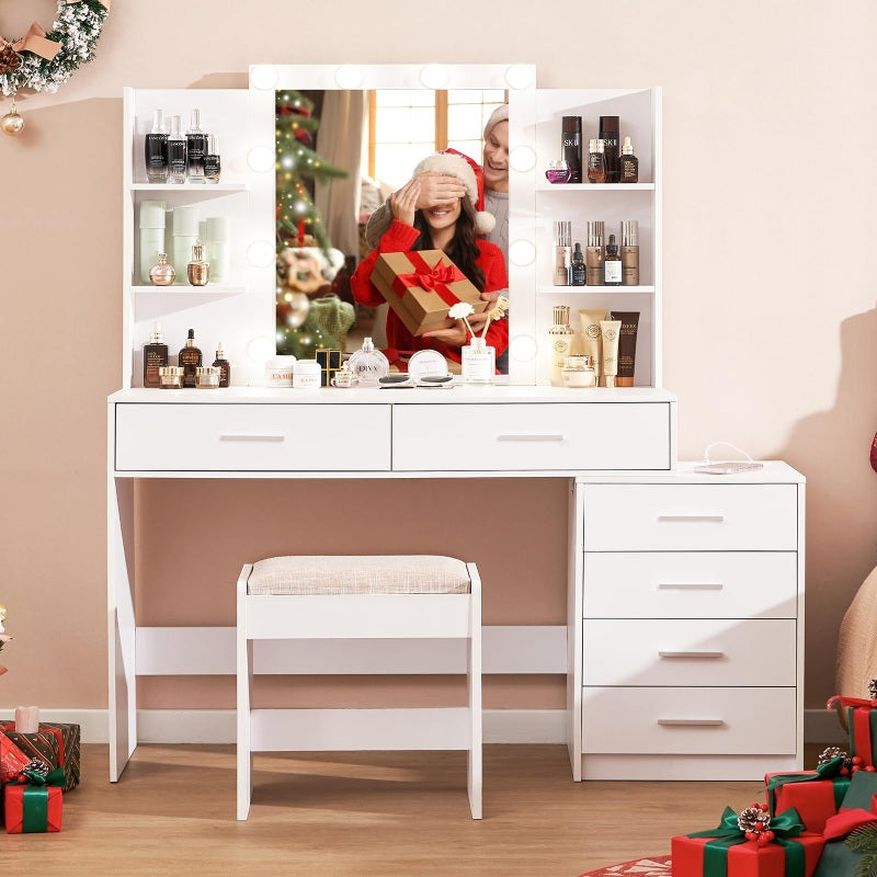 Vanity Desk with Mirror & Lights, Makeup Vanity with 6 Drawers, 6 Open Shelves and Power Outlet, 48” Storage Makeup Vanity Desk with Stool Bench for Women, Girls, Bedroom, White