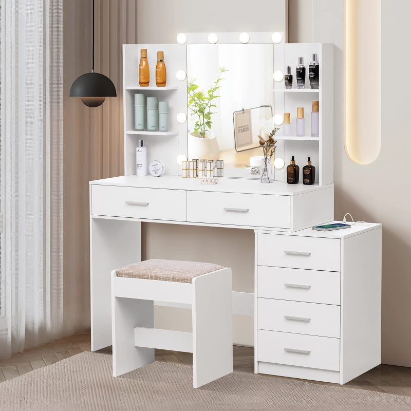 Vanity Desk with Mirror & Lights, Makeup Vanity with 6 Drawers, 6 Open Shelves and Power Outlet, 48” Storage Makeup Vanity Desk with Stool Bench for Women, Girls, Bedroom, White