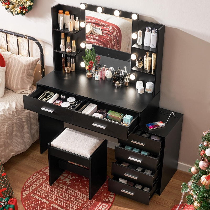 Vanity Desk with Mirror & Lights, Makeup Vanity with 6 Drawers, 6 Open Shelves and Power Outlet, 48” Storage Makeup Vanity Desk with Stool Bench for Women, Girls, Bedroom, Black
