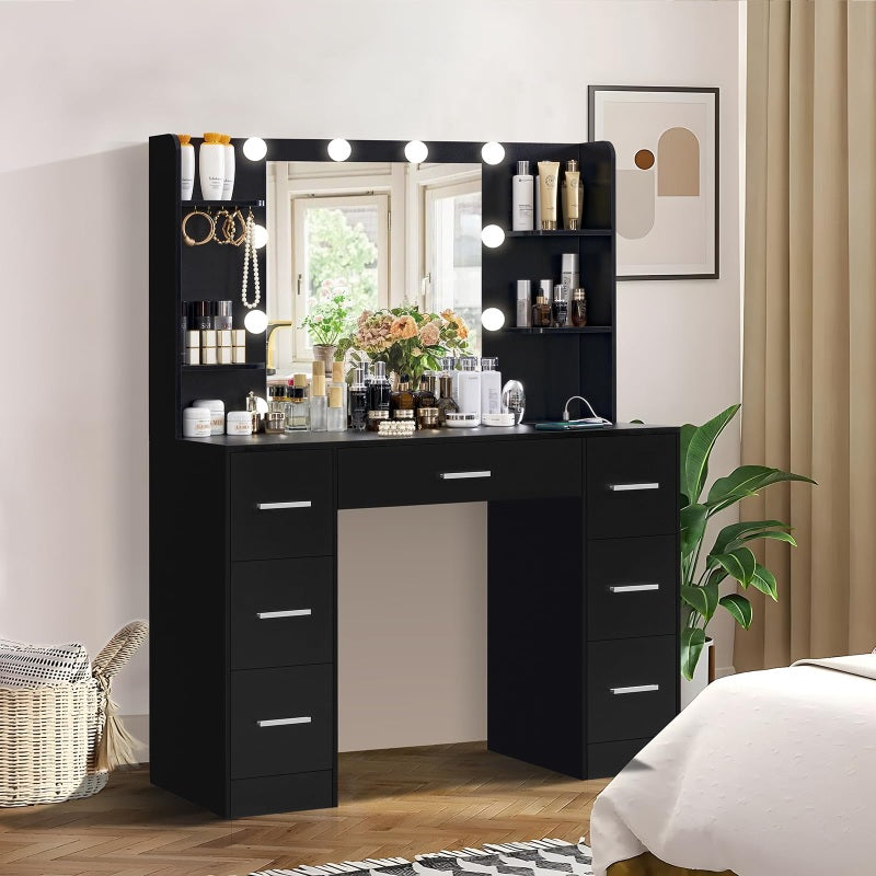 Large Makeup Vanity, 43.3" Vanity Desk with Mirror and Lights, Makeup Vanity Table with 7 Drawers, 4 Shelves, 5 Jewel Hooks & Power Strip, Vanity Desk Set for Bedroom, Black