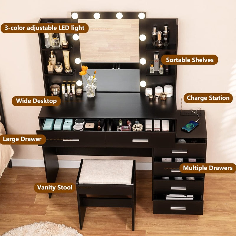 Vanity Desk with Mirror & Lights, Makeup Vanity with 6 Drawers, 6 Open Shelves and Power Outlet, 48” Storage Makeup Vanity Desk with Stool Bench for Women, Girls, Bedroom, Black