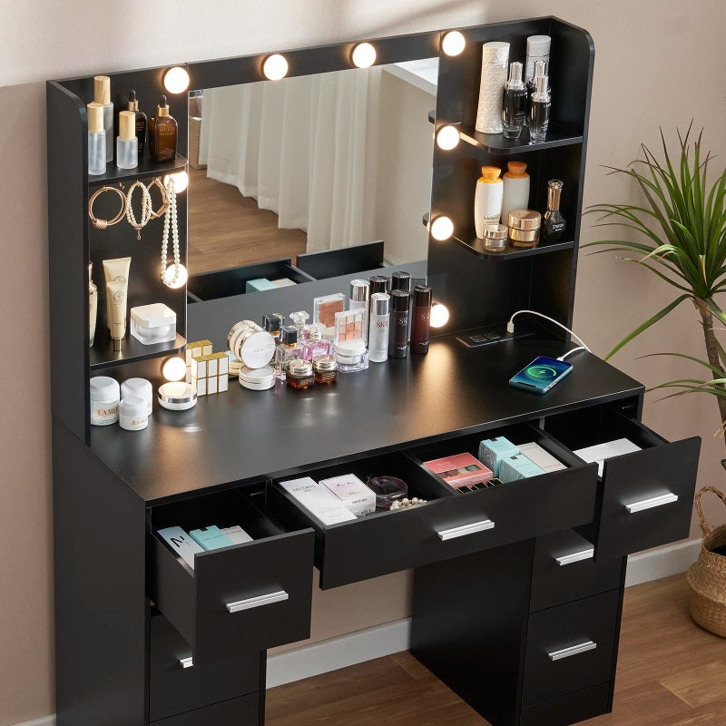 Large Makeup Vanity, 43.3" Vanity Desk with Mirror and Lights, Makeup Vanity Table with 7 Drawers, 4 Shelves, 5 Jewel Hooks & Power Strip, Vanity Desk Set for Bedroom, Black