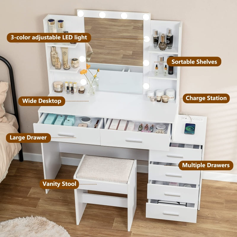 Vanity Desk with Mirror & Lights, Makeup Vanity with 6 Drawers, 6 Open Shelves and Power Outlet, 48” Storage Makeup Vanity Desk with Stool Bench for Women, Girls, Bedroom, White