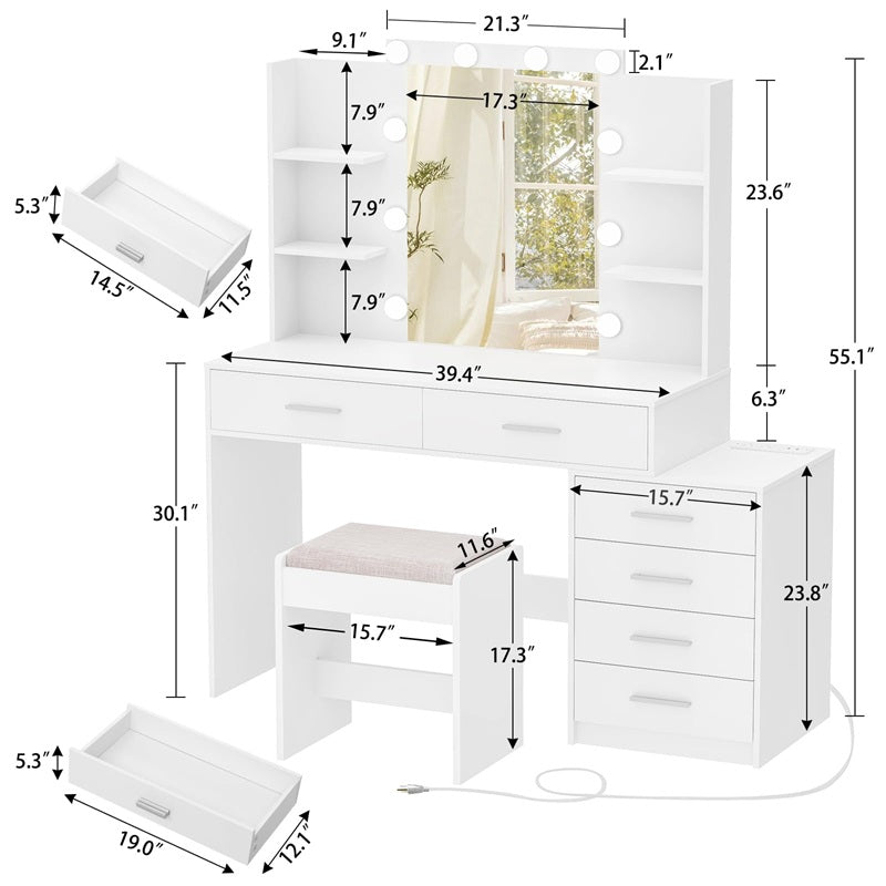 Vanity Desk with Mirror & Lights, Makeup Vanity with 6 Drawers, 6 Open Shelves and Power Outlet, 48” Storage Makeup Vanity Desk with Stool Bench for Women, Girls, Bedroom, White
